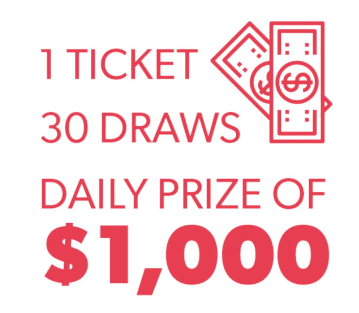 1 Ticket, 30 Draws, Daily Prize of $1,000
